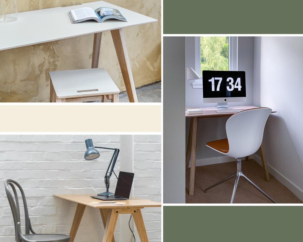 Collage of home office oak veneer Brenin desks with various lino coloured tops that are all made by Grain